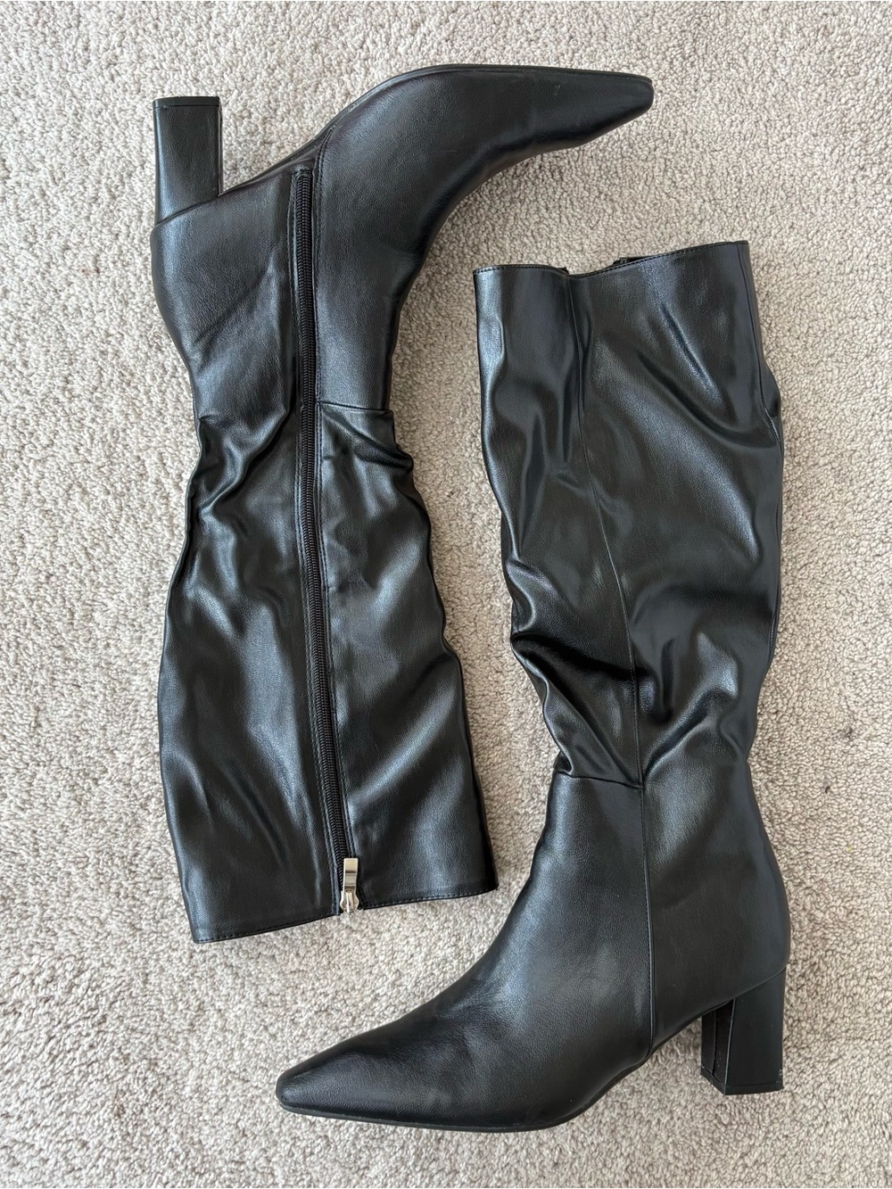 Black Faux-leather Pointed Toe Mid-Calf Block Heel Boots